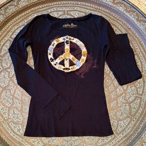 Lucky Brand Black Peace Sign Long Sleeve Waffle Weave Top, S
